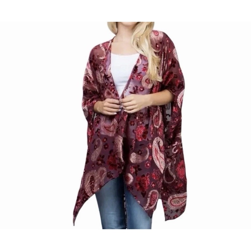 Umgee USA Velvet Burnout S M Floral Kimono Duster‎ Burgandy Flowy Boho Fairy